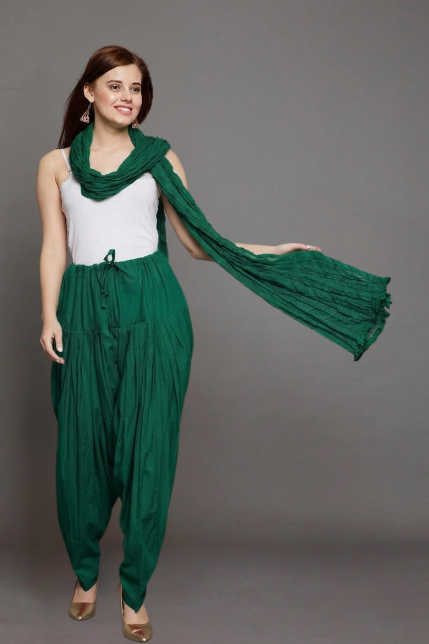Bottle Green Plain Cotton Patiala with Dupatta