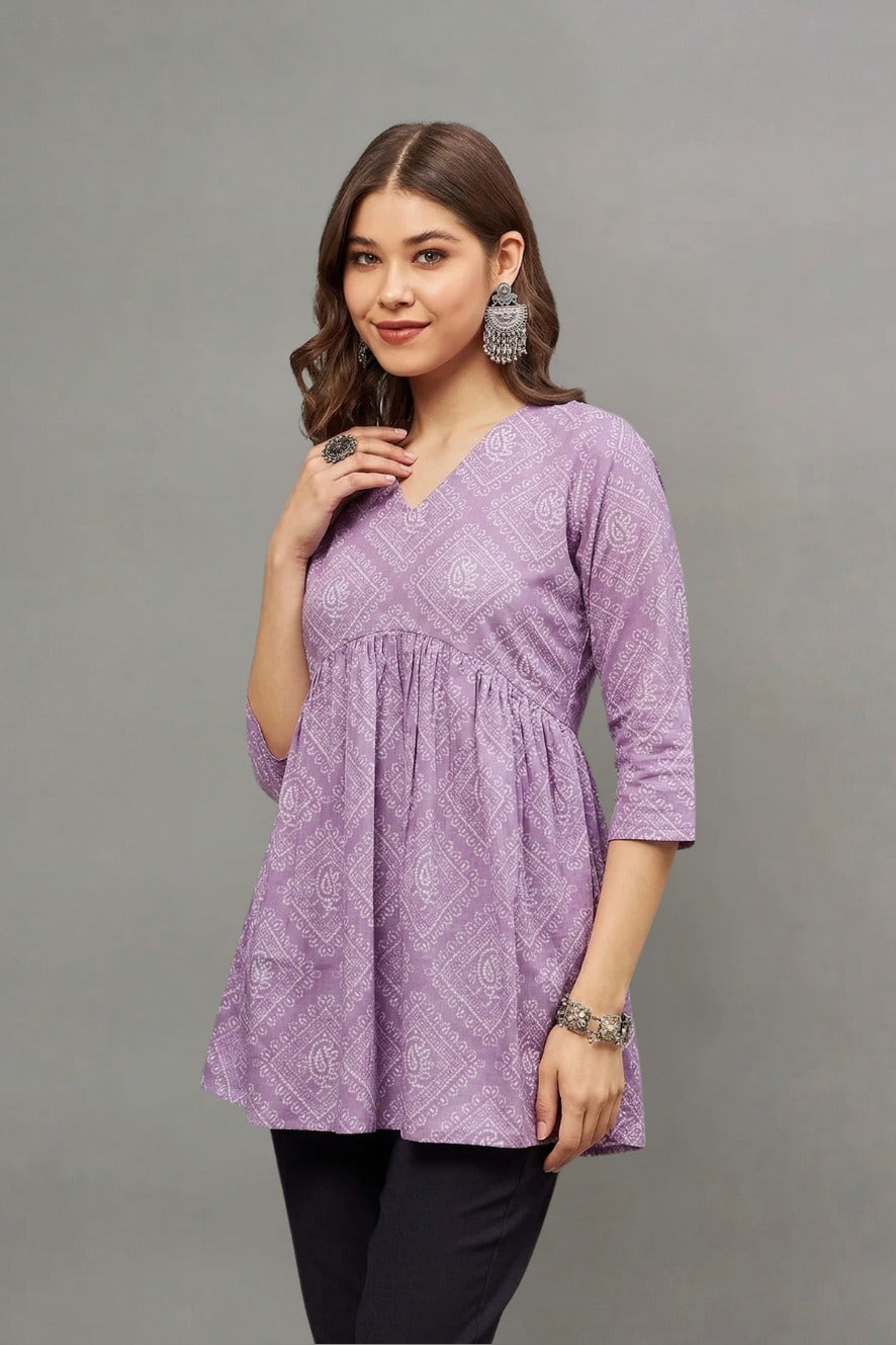 Lavender Block Printed V-neck Cotton Kurti for Women