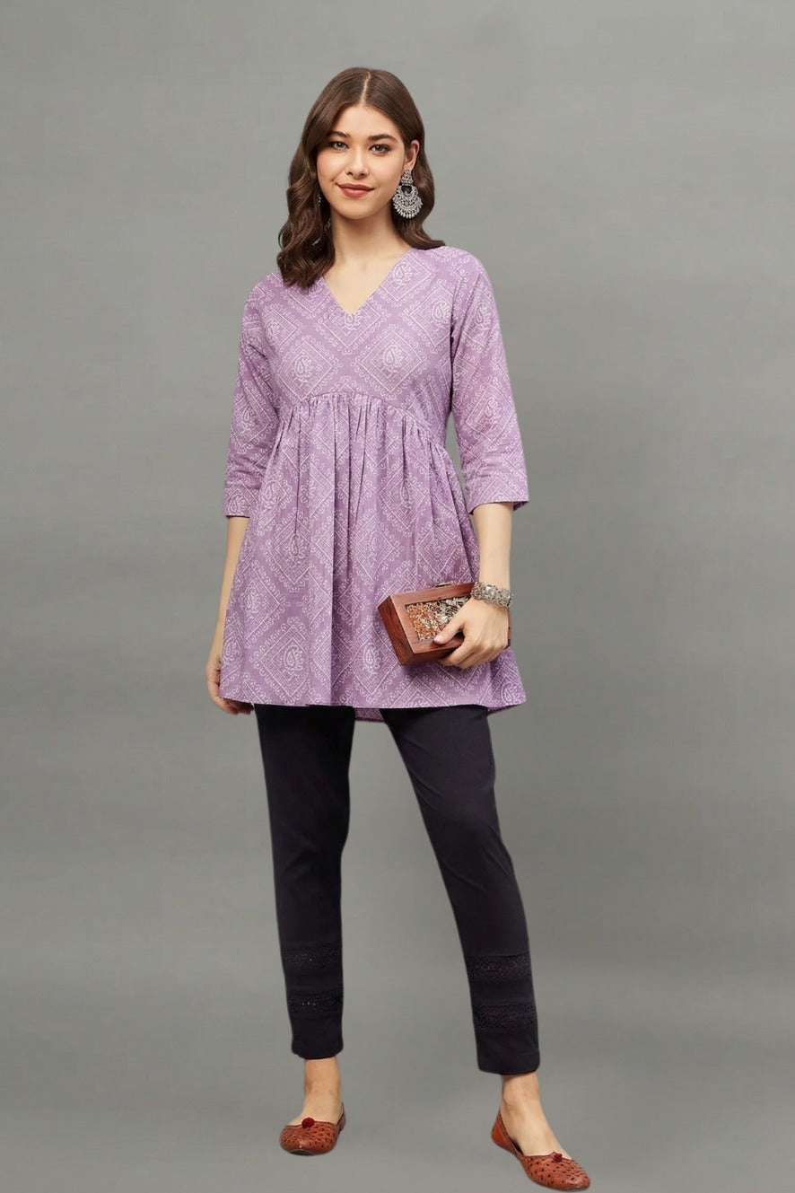 Lavender Block Printed V-neck Cotton Kurti for Women