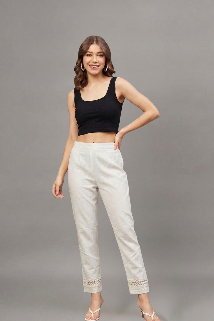 Ivory Cutwork Grid Cotton Flex Lace Pants