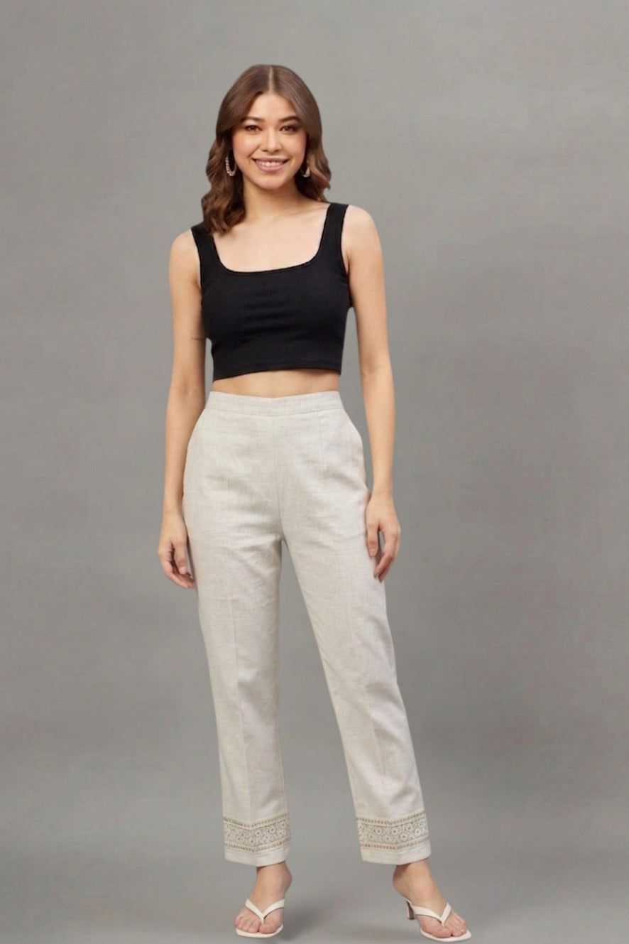 Ivory Floral Threadwork Cotton Flex Lace Pants