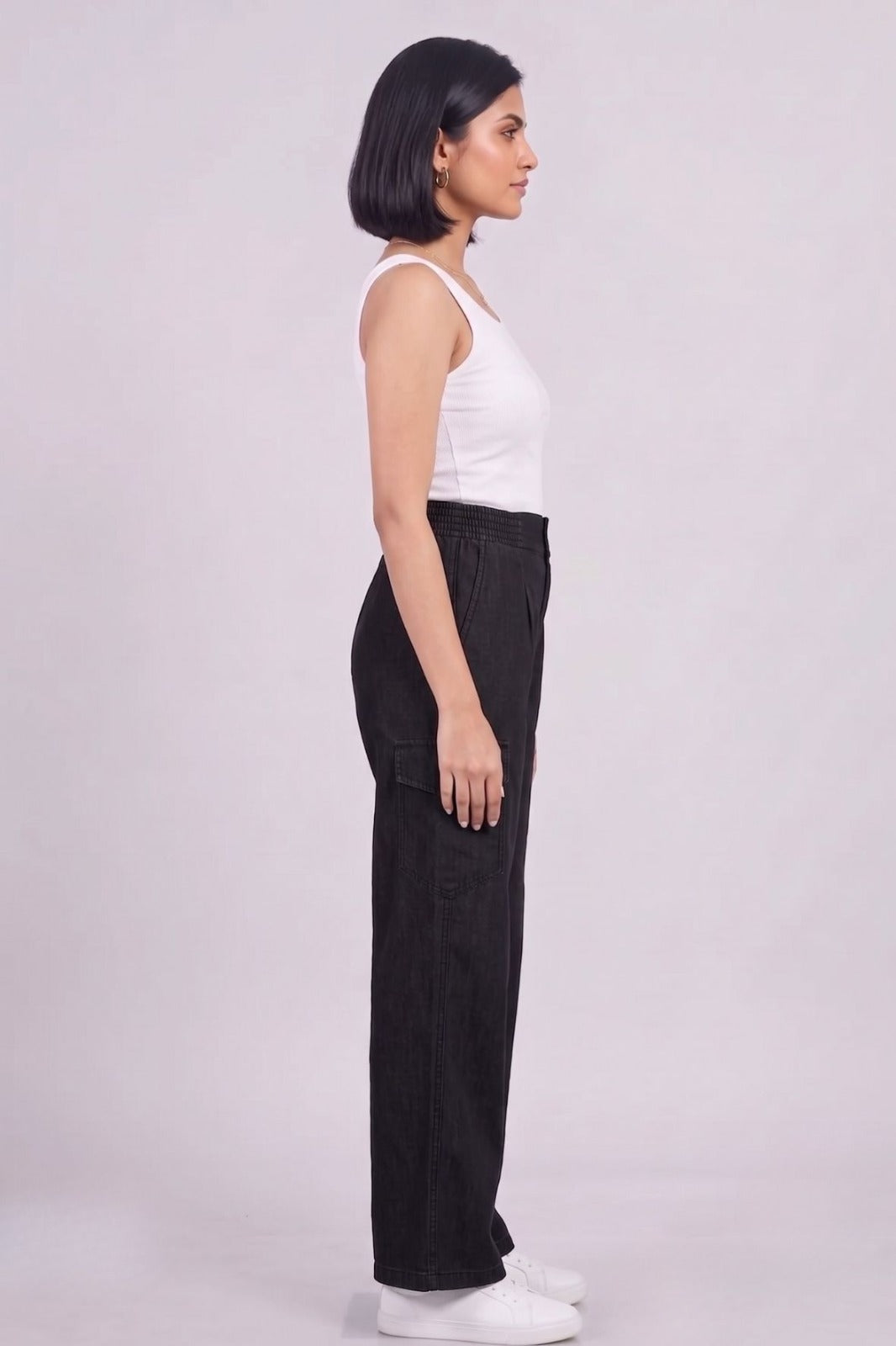 Black Double Button Denim Cargo Pants