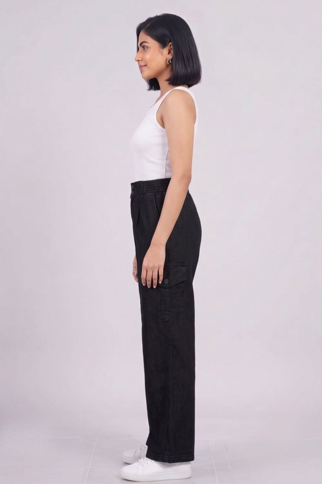 Black Double Button Denim Cargo Pants