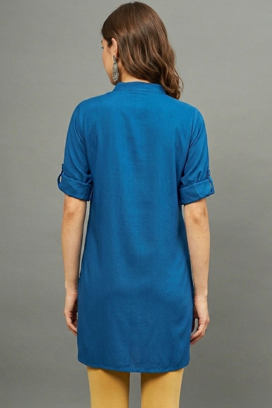 Blue Solid Coloured Short Kurti - 32" Length