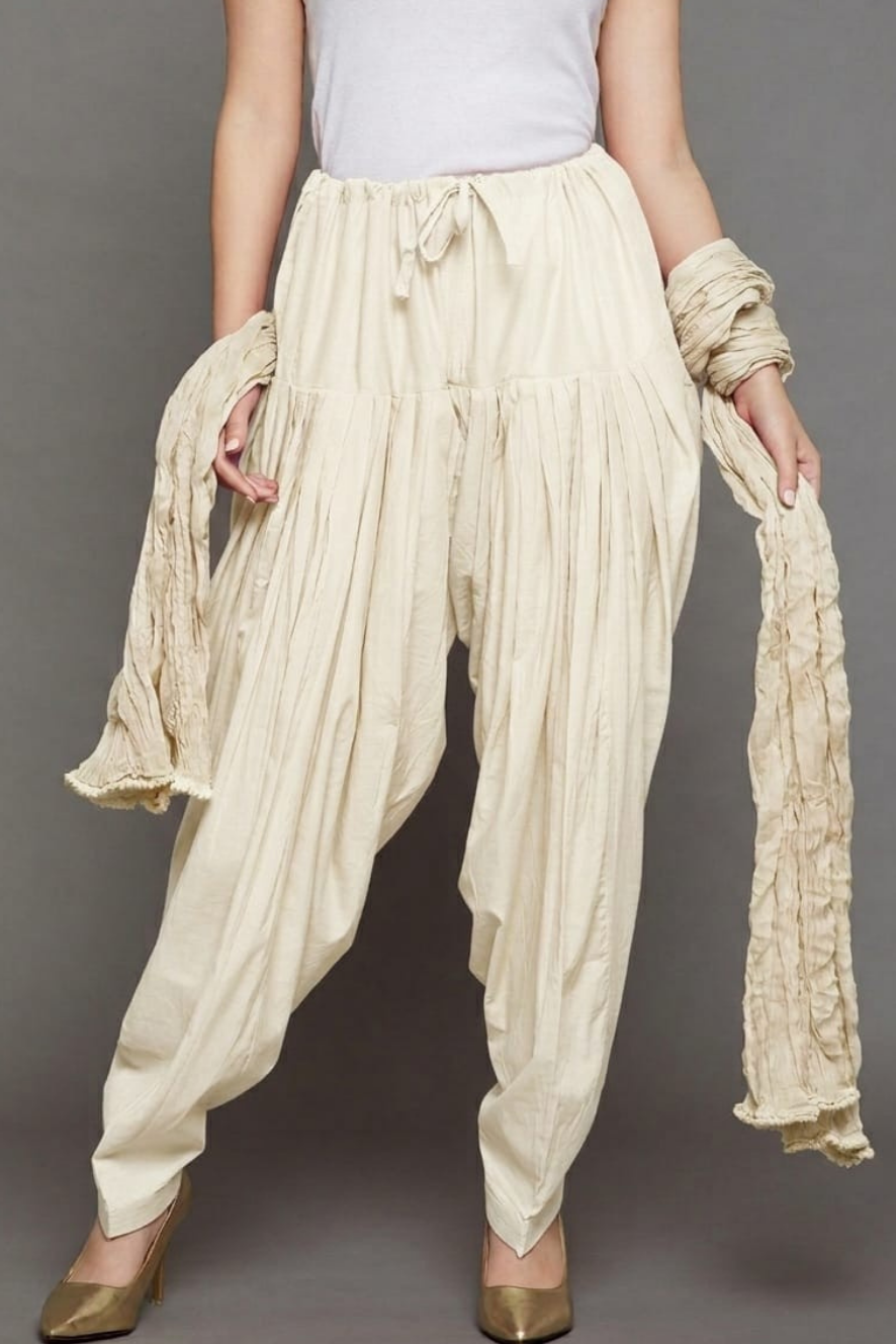 Cream Cotton Plain Patiala with Dupatta