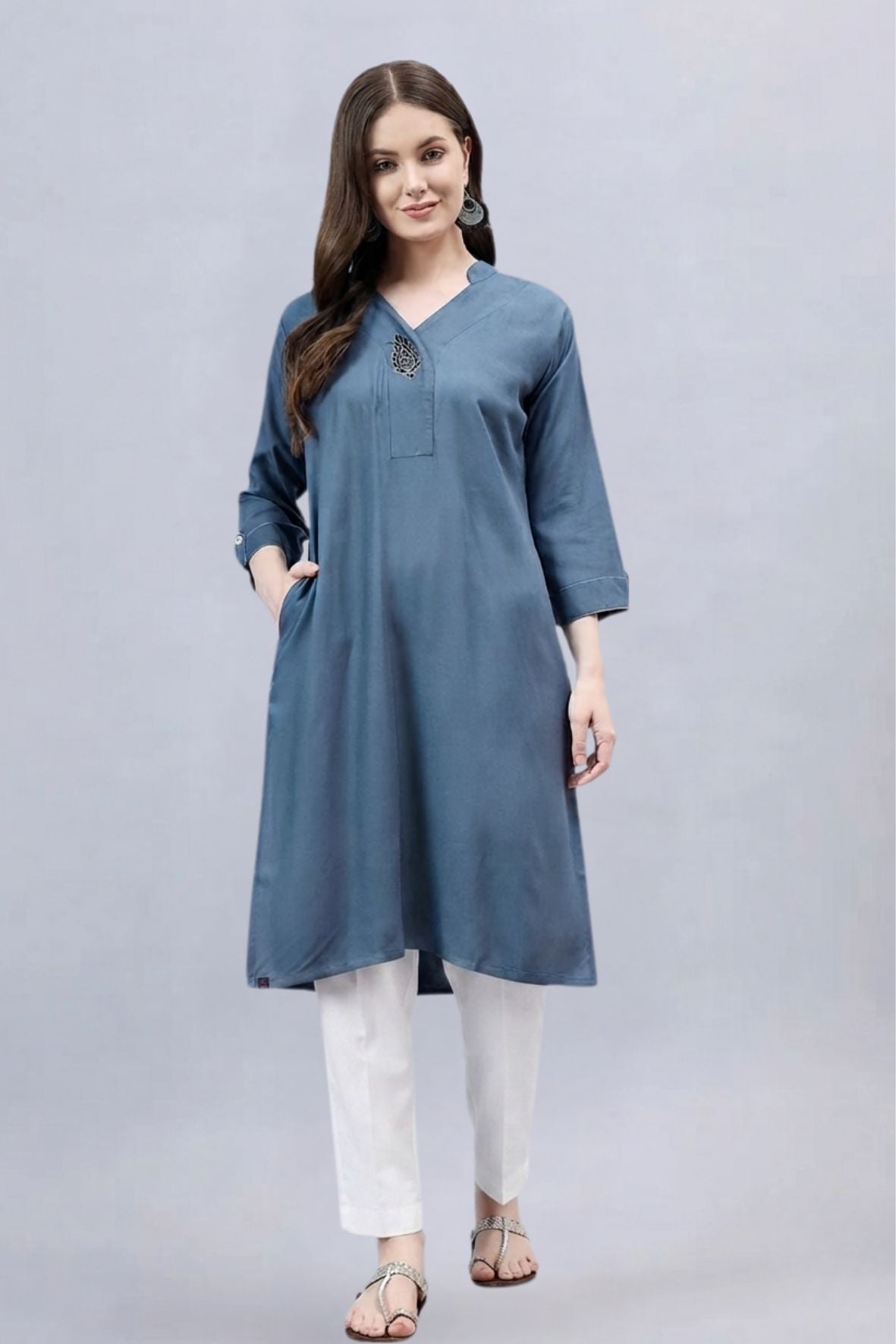 Dark Grey V-Neck Straight Fit Rayon Kurti