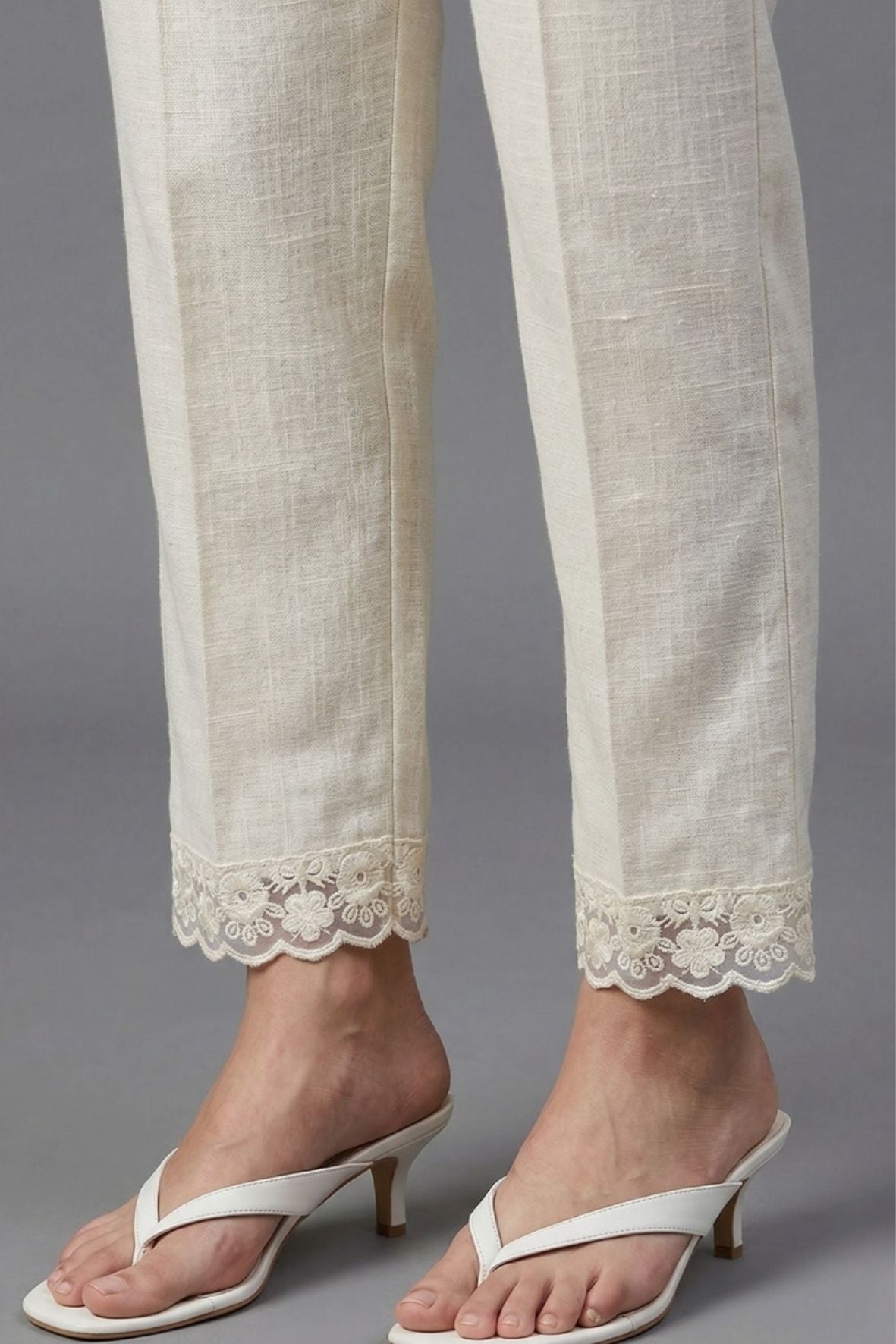 Ivory Floral Scallop Cotton Flex Lace Pants