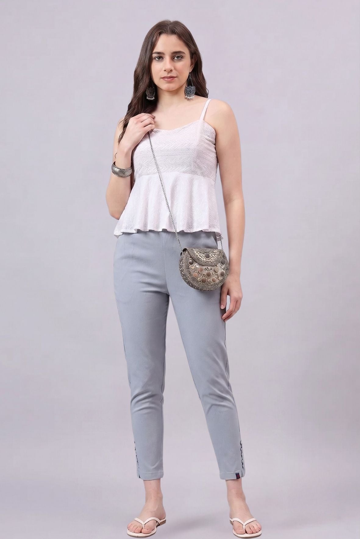 Light Grey Regular Fit Potli Pants