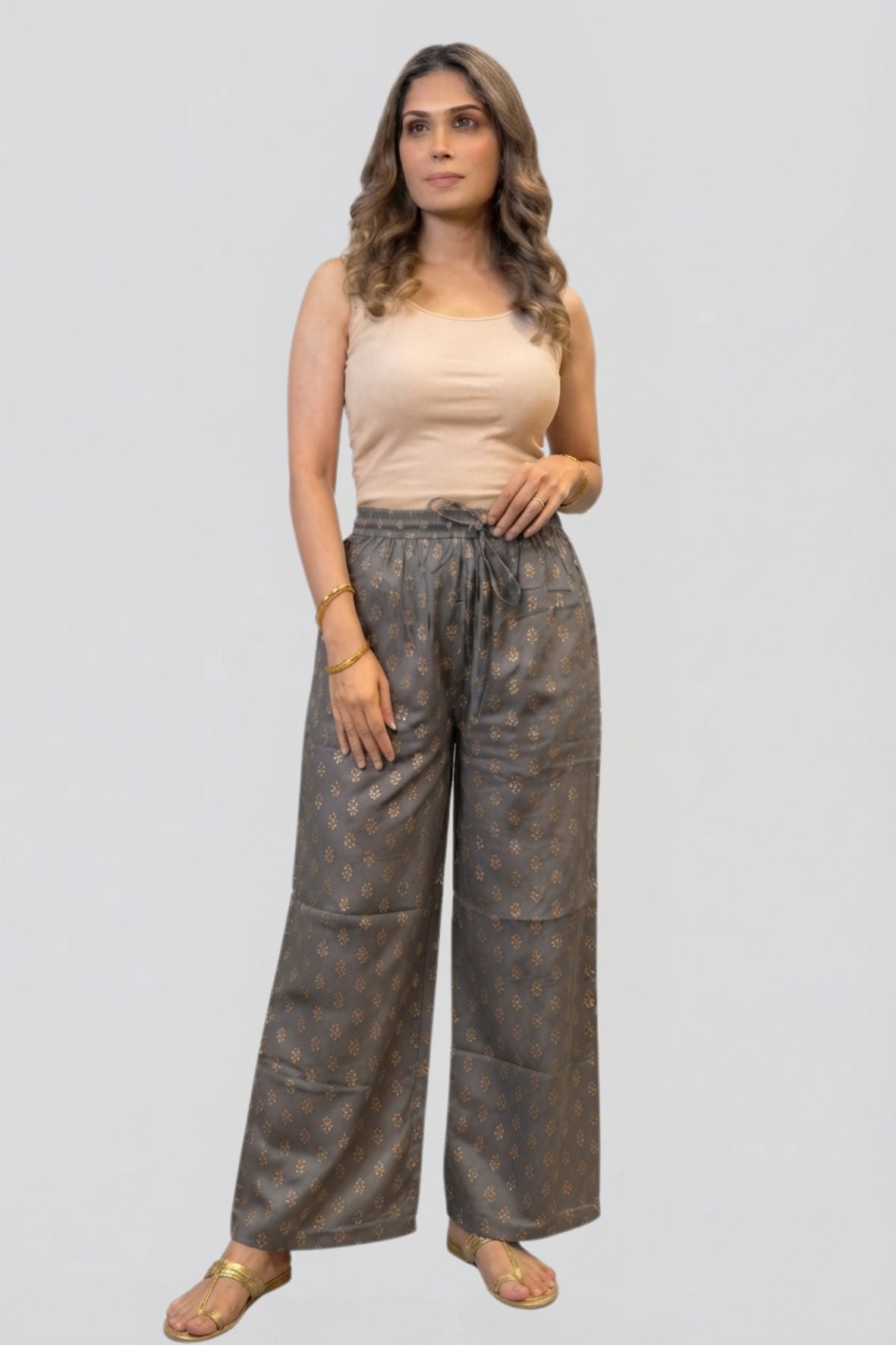 Grey & Gold Ethnic Buti Printed Palazzo