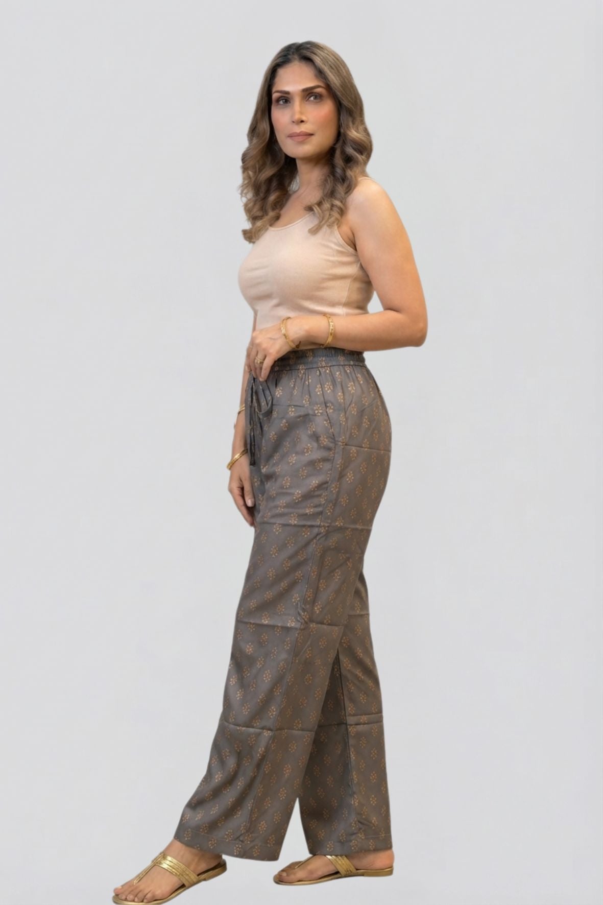 Grey & Gold Ethnic Buti Printed Palazzo