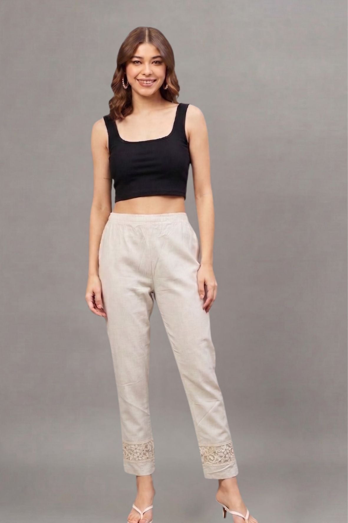 Ivory floral Cotton Flex Lace Pants