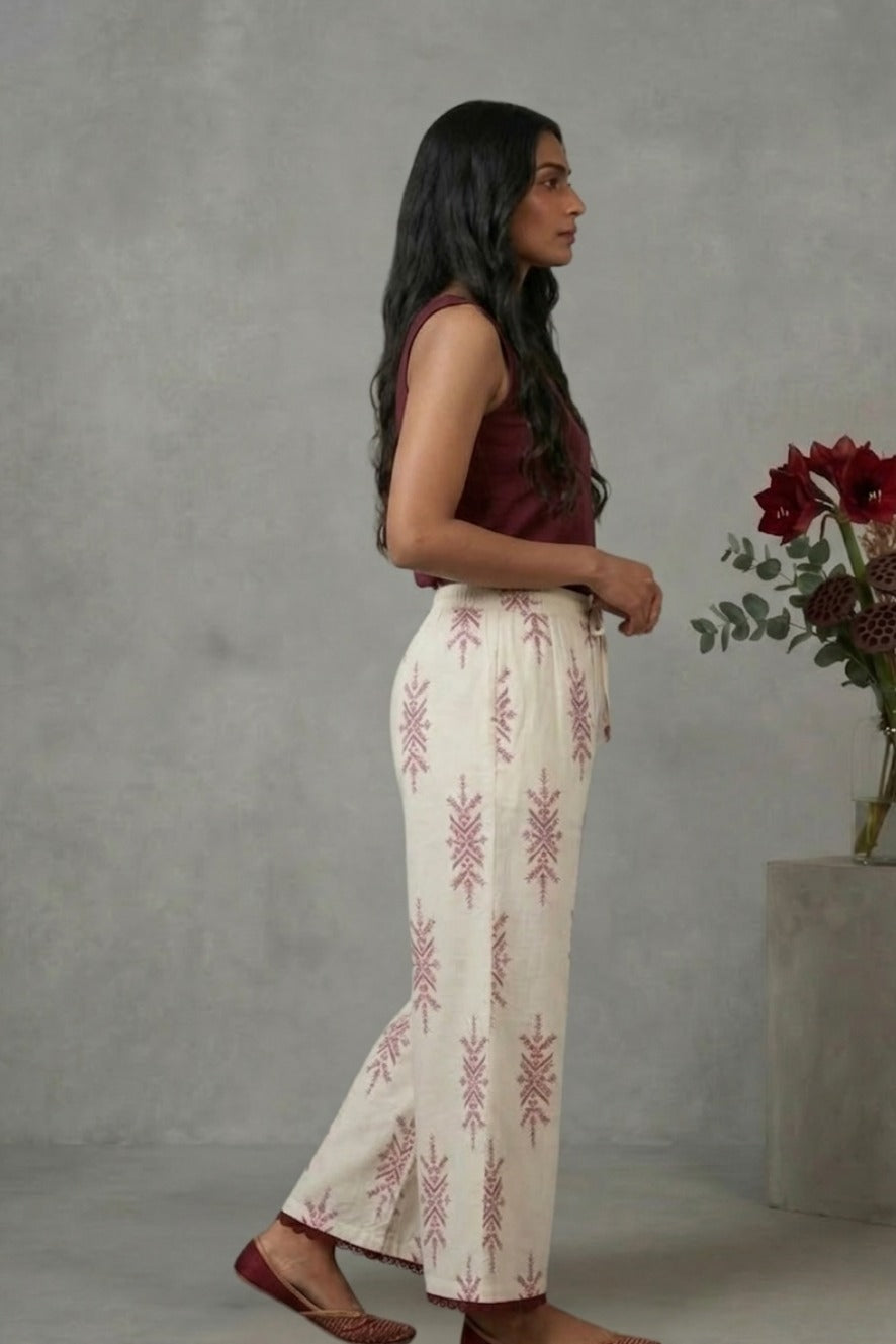 Ivory Maroon Motif Cotton Lace Palazzo