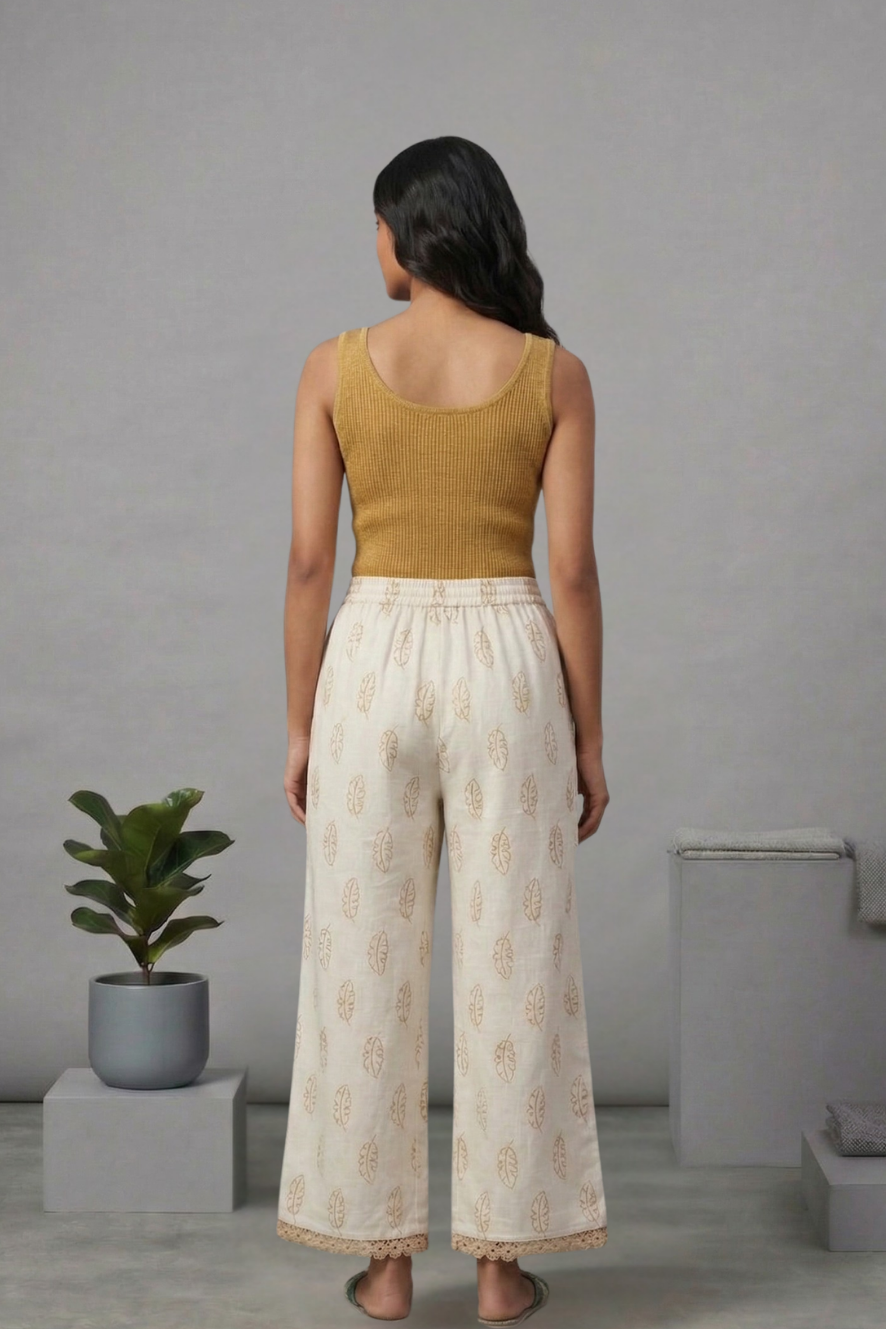 Ivory Beige Leaf Print Cotton Lace Palazzo