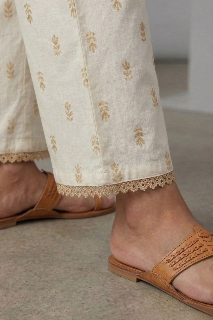Ivory Mustard Buti Print Cotton Lace Palazzo