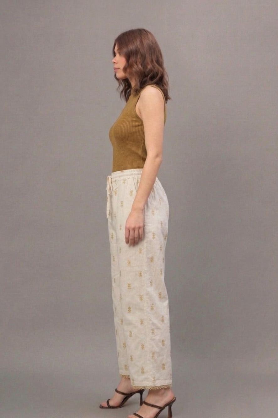 Ivory Mustard Buti Print Cotton Lace Palazzo