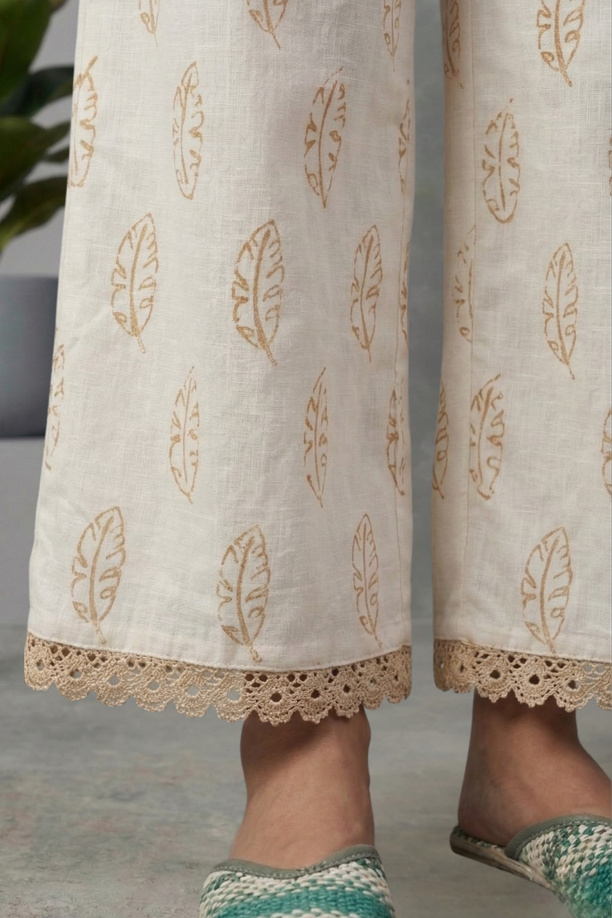 Ivory Beige Leaf Print Cotton Lace Palazzo