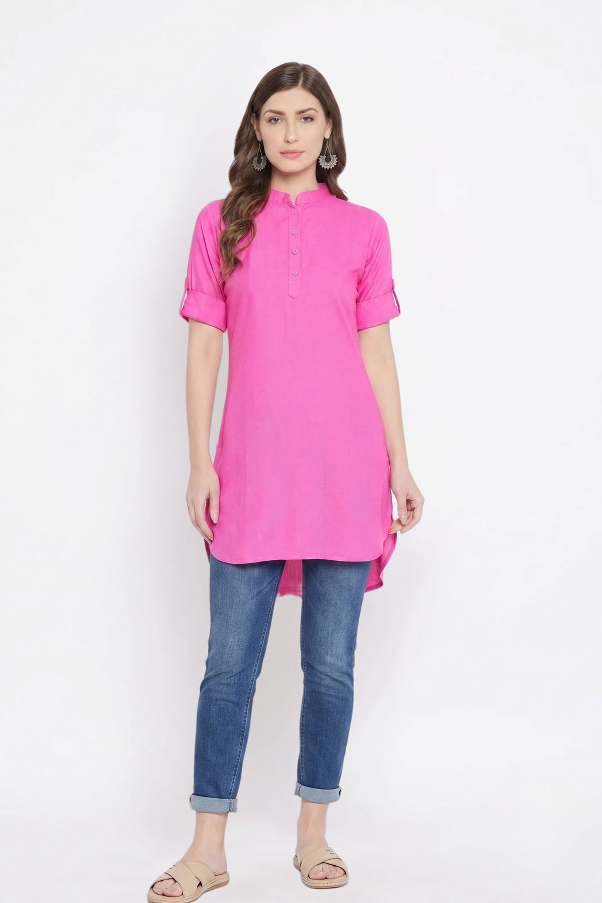Baby Pink Solid Coloured Short Kurti - 32" Length