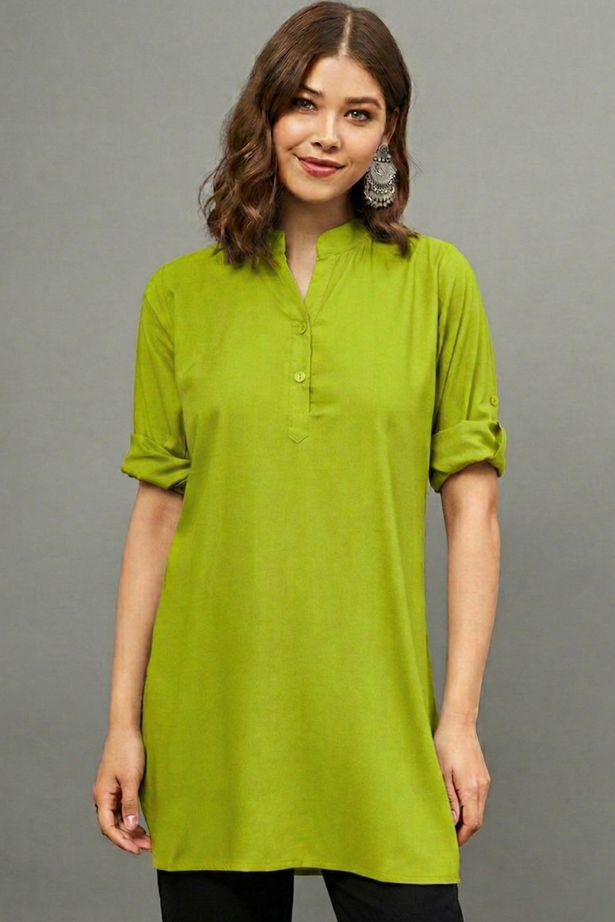 Green Solid Coloured Short Kurti - 32" Length