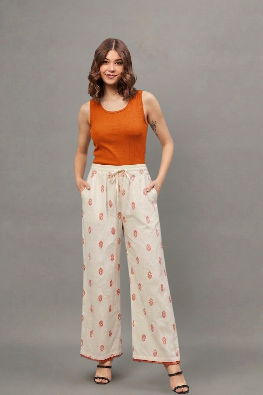 Ivory Rust Buti Print Cotton Palazzo