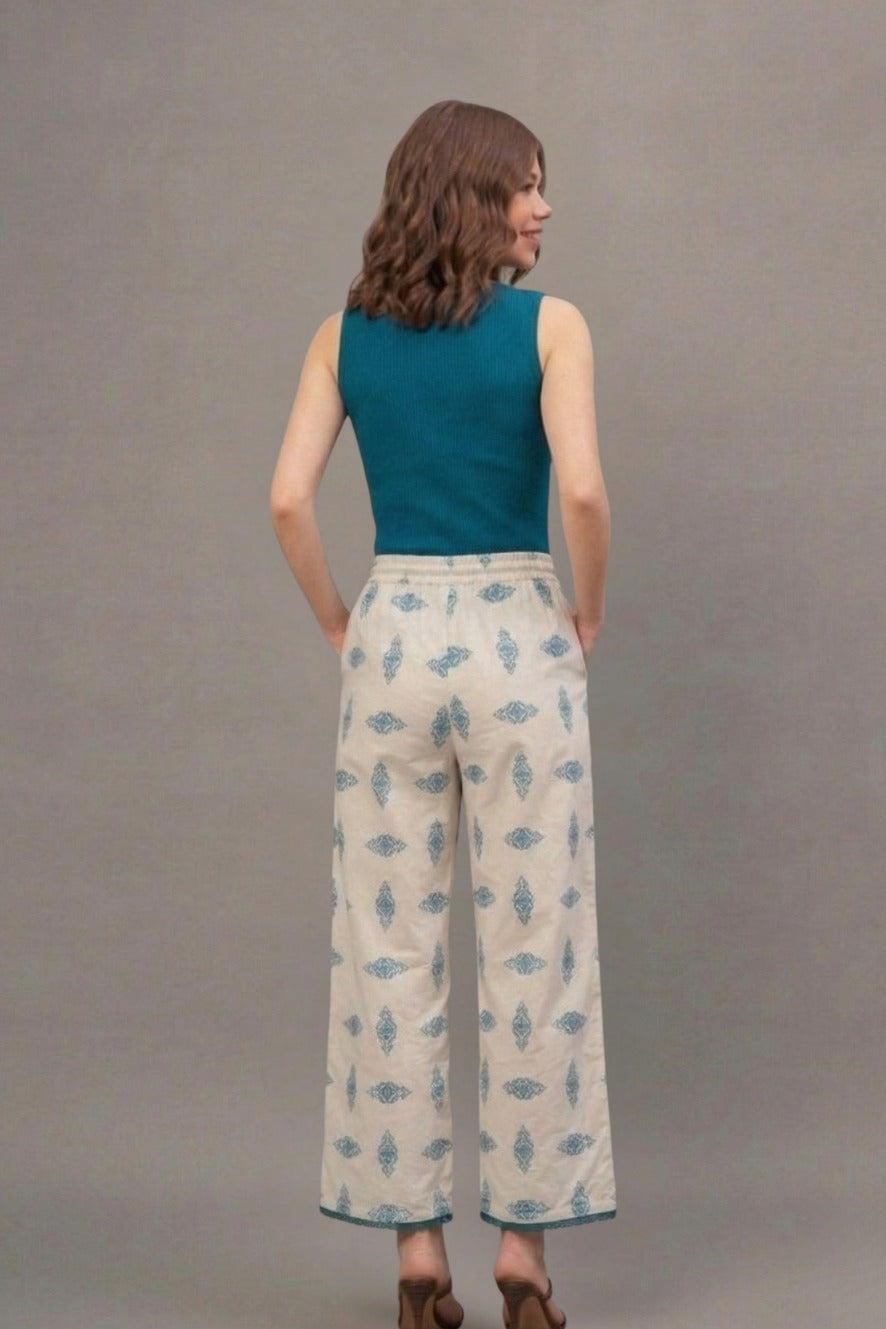 Ivory Teal Ethnic Motif Print Cotton Palazzo