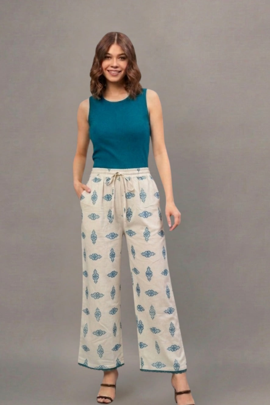 Ivory Teal Ethnic Motif Print Cotton Palazzo