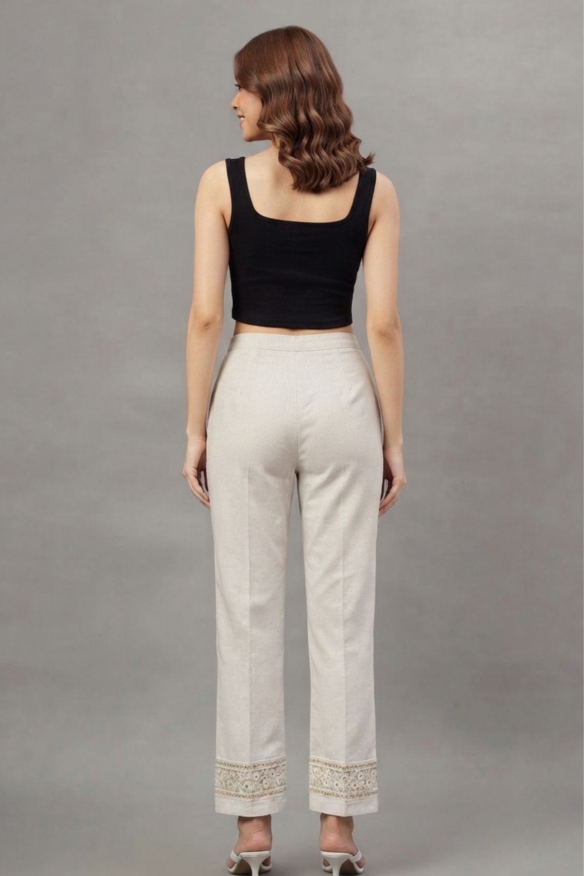 Ivory Floral Threadwork Cotton Flex Lace Pants