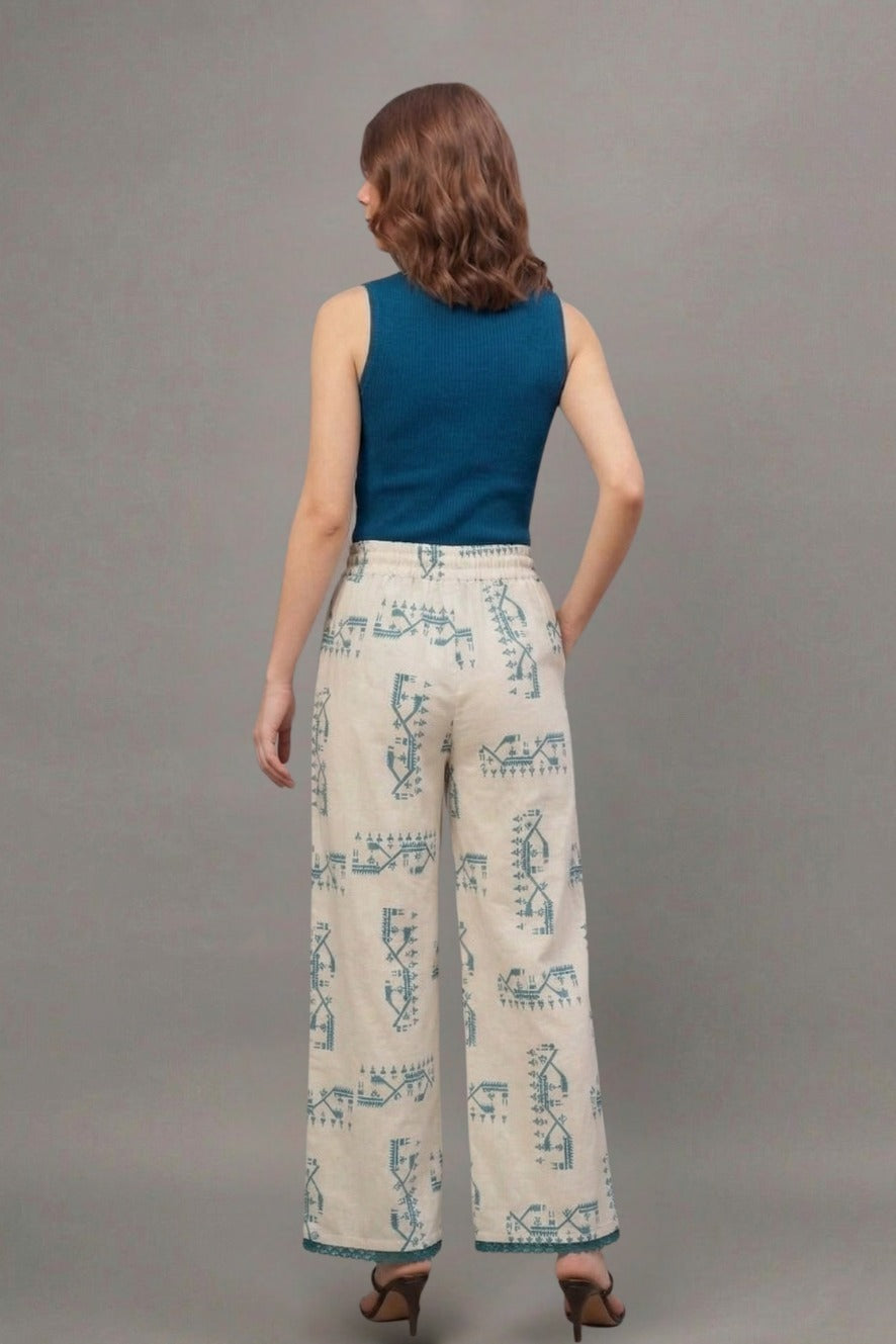 Teal Tribal Print Cotton Lace Palazzo