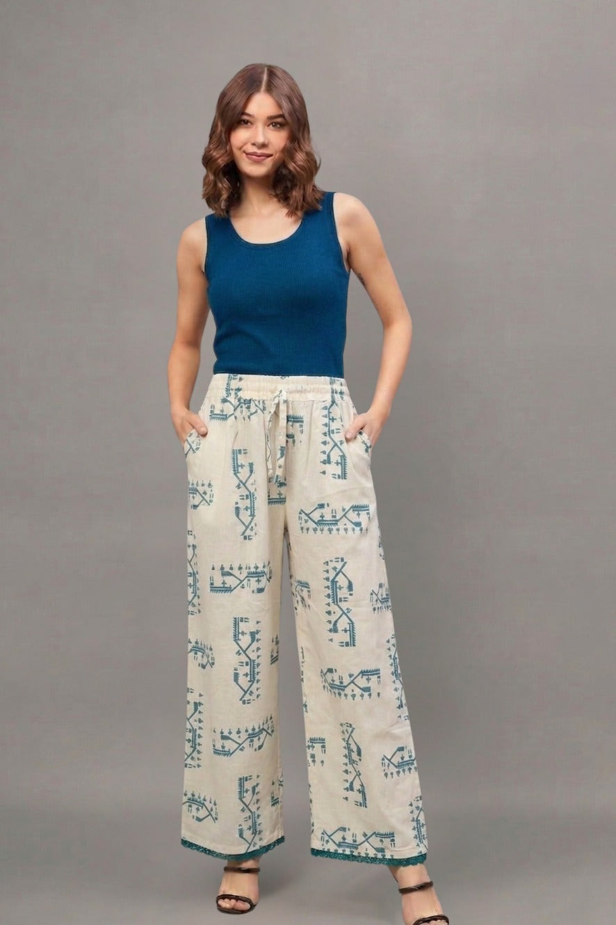Teal Tribal Print Cotton Lace Palazzo