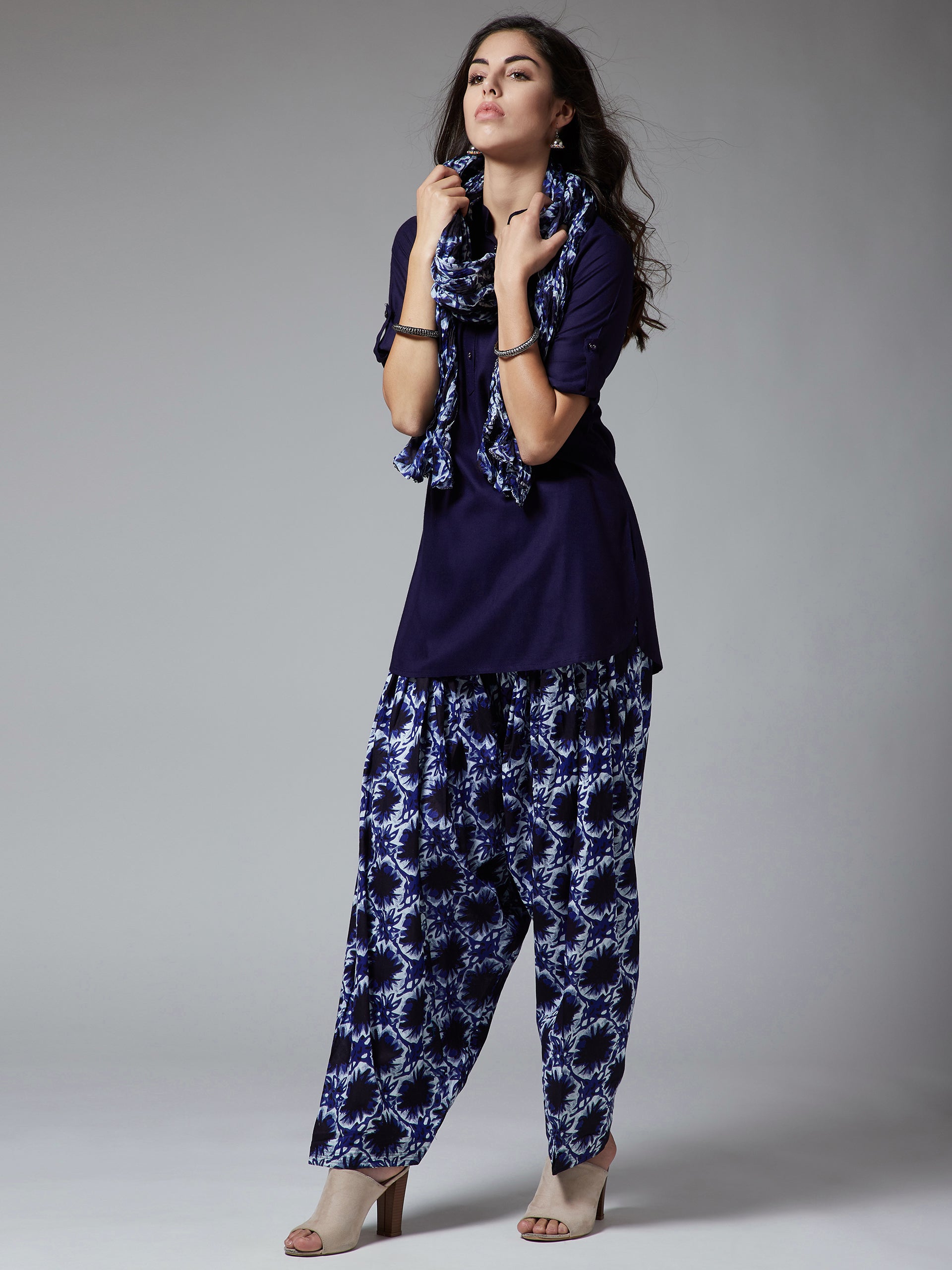 Damask Print Patiala with Navy Blue Kurti Set