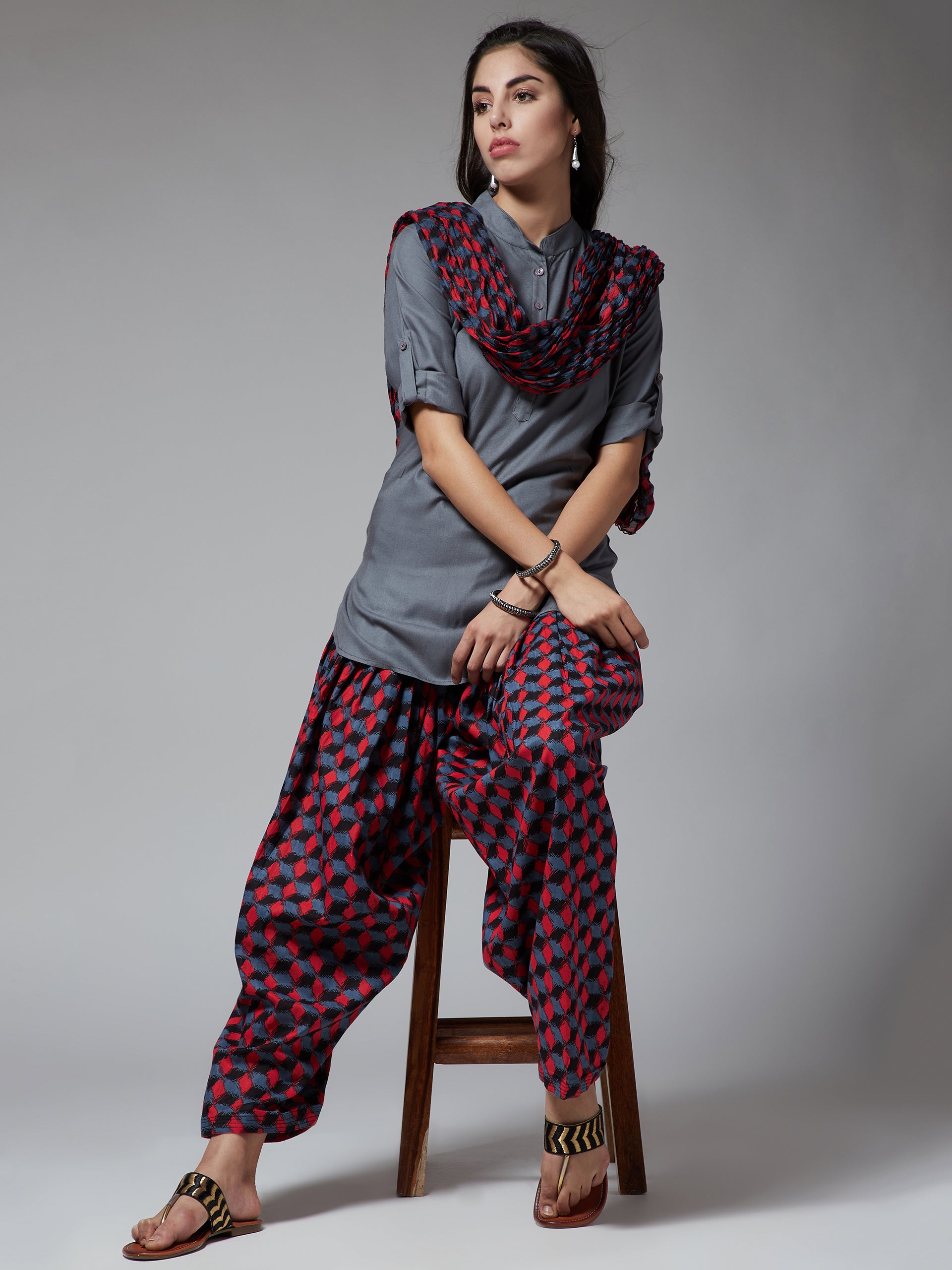 Geometric Print Patiala with Grey Kurti Set