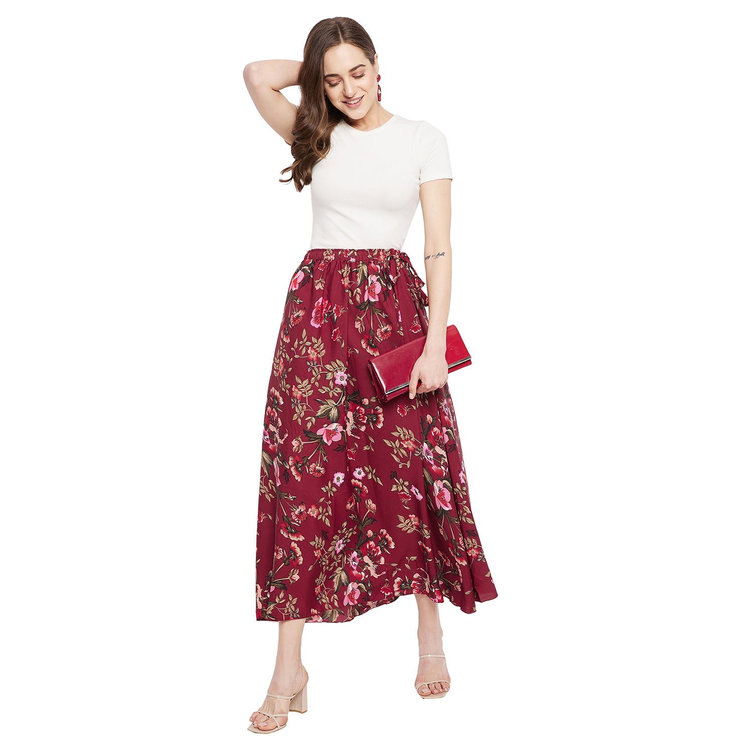 Maroon Pink Blossom Floral Skirt