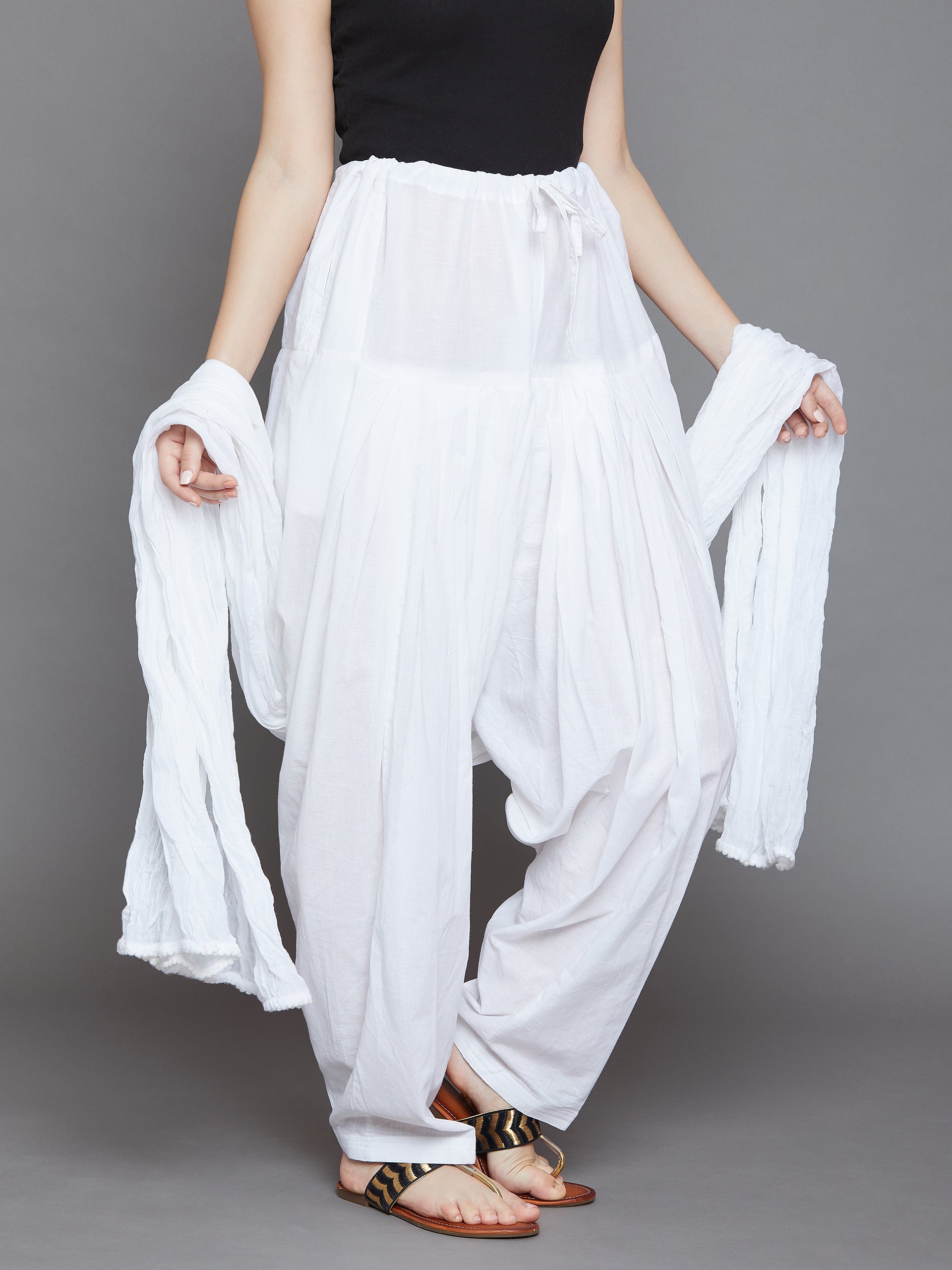 Pure White Plain Cotton Patiala with Dupatta