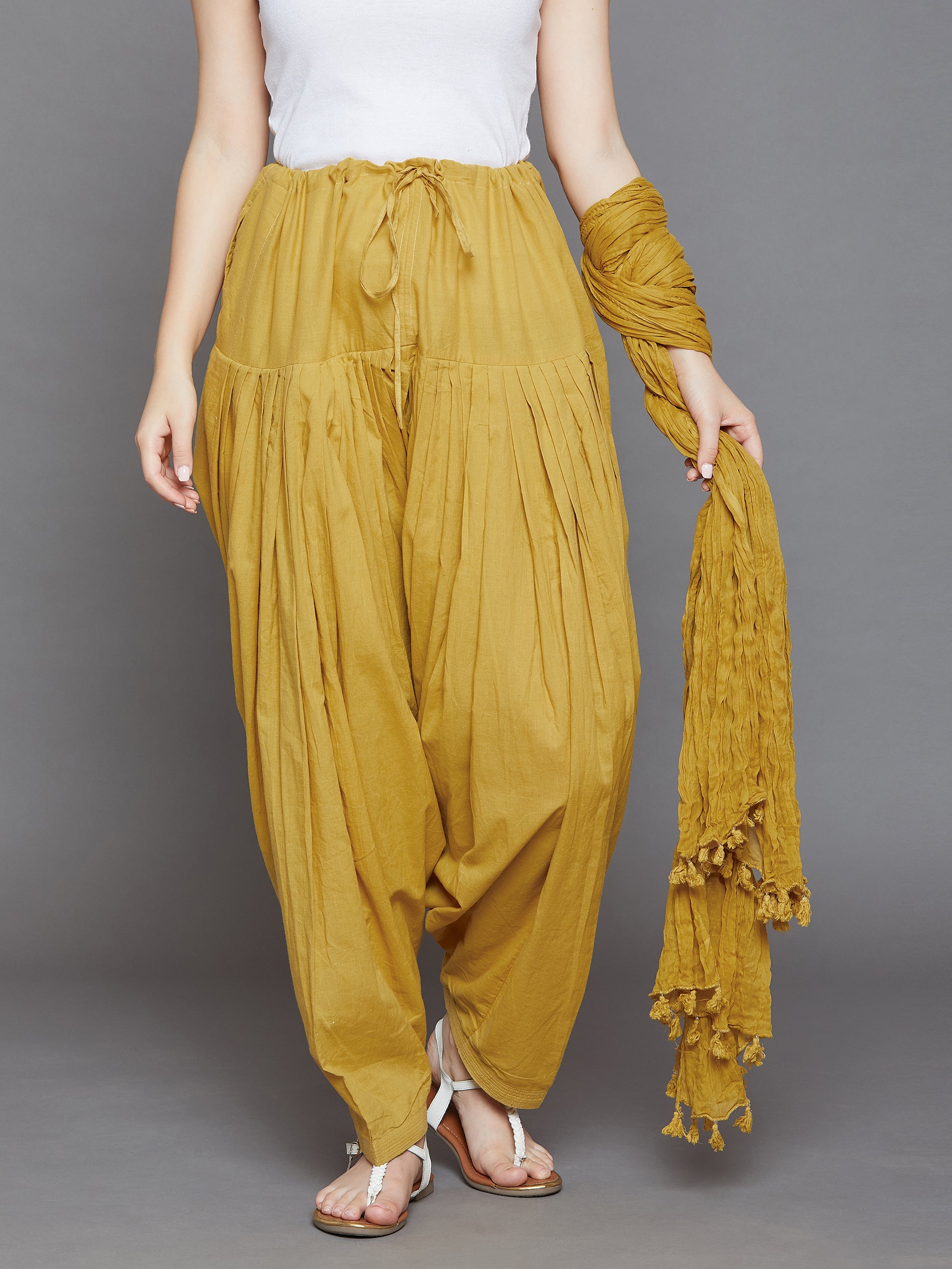 Mustard Cotton Plain  Patiala with Dupatta