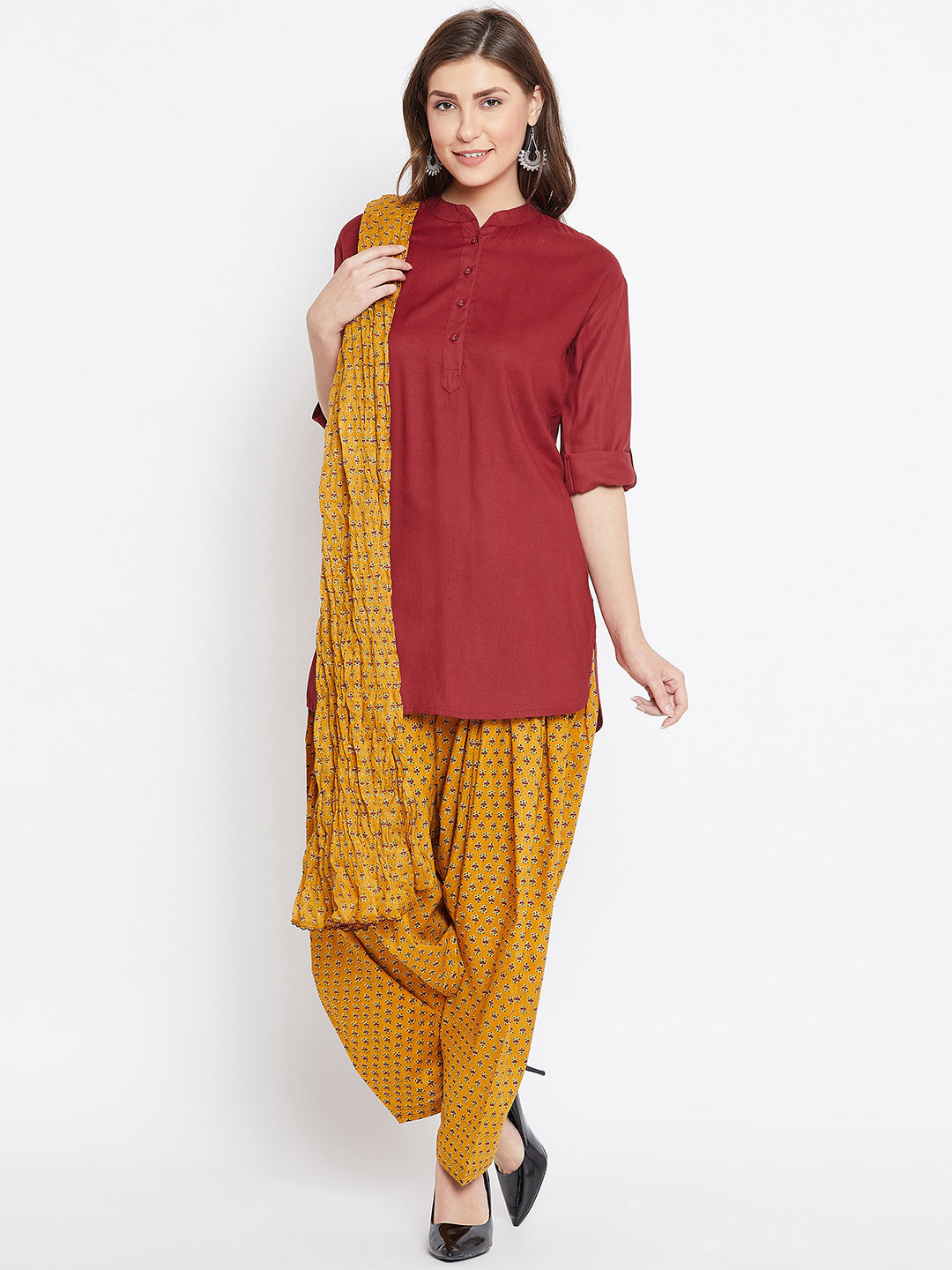 Ditsy Print Patiala with Maroon Kurti Set