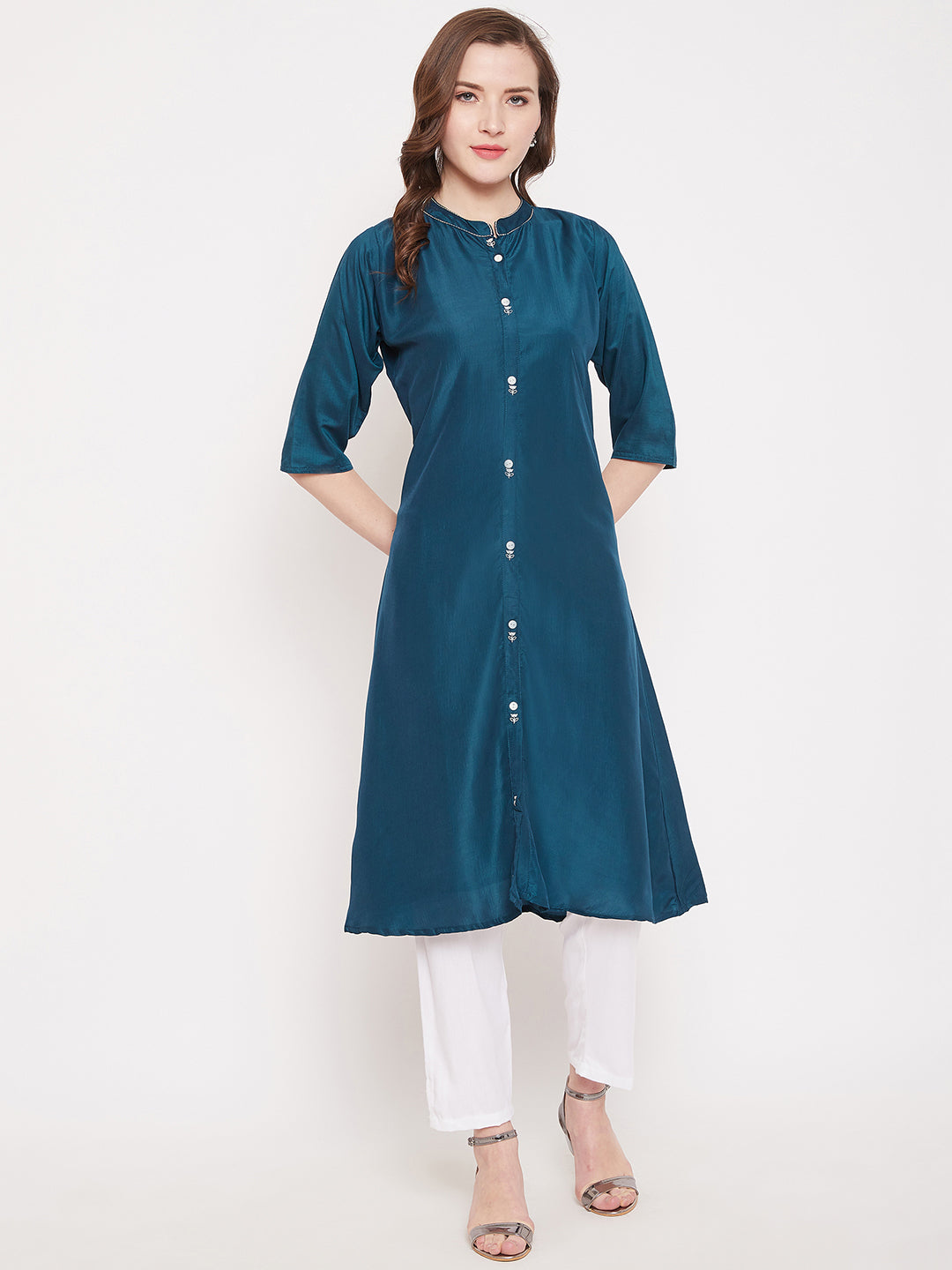 Peacock Blue Embroidery Solid Color Kurti