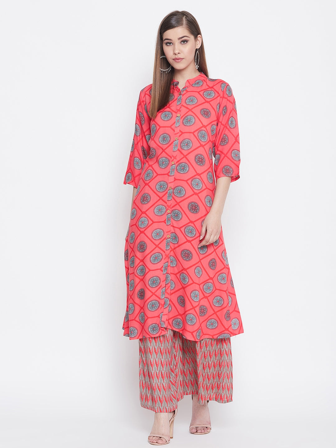 Traditional Printed Coral Kurti with Palazzo