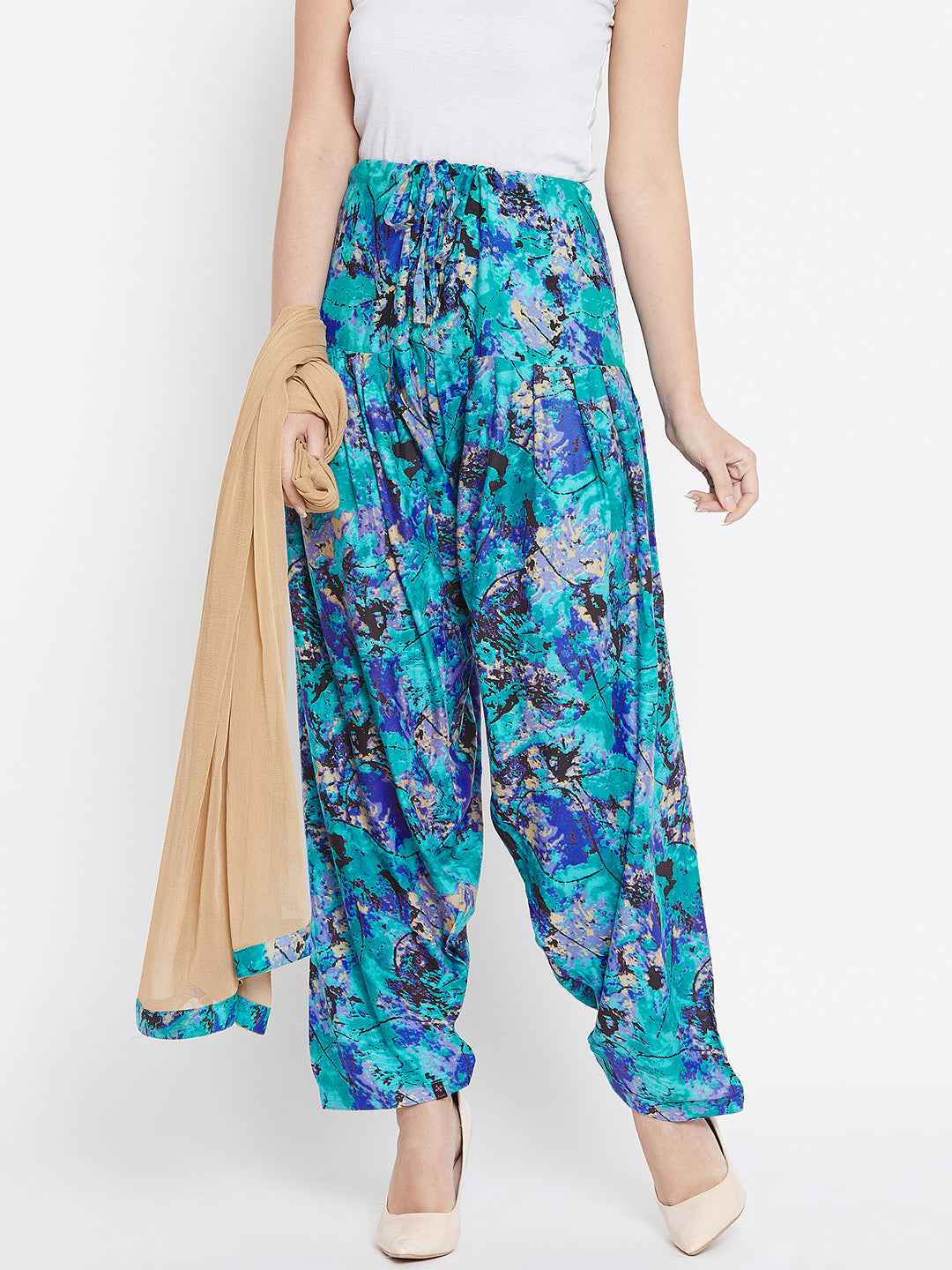 Blue Abstract Print Rayon Patiala with Dupatta Free Size