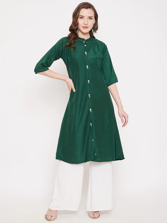 Peacock Blue Embroidery Solid Color Kurti DarkGreen