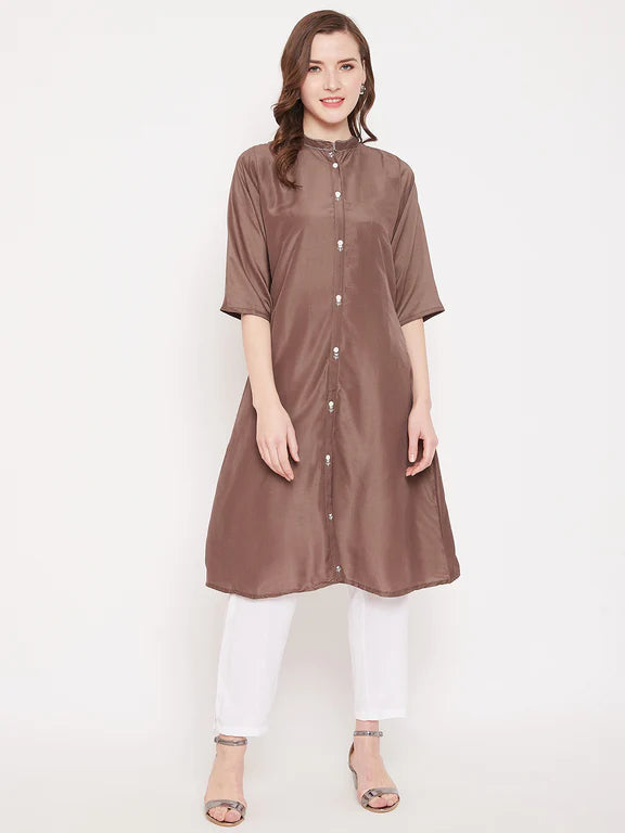 Peacock Blue Embroidery Solid Color Kurti RosyBrown