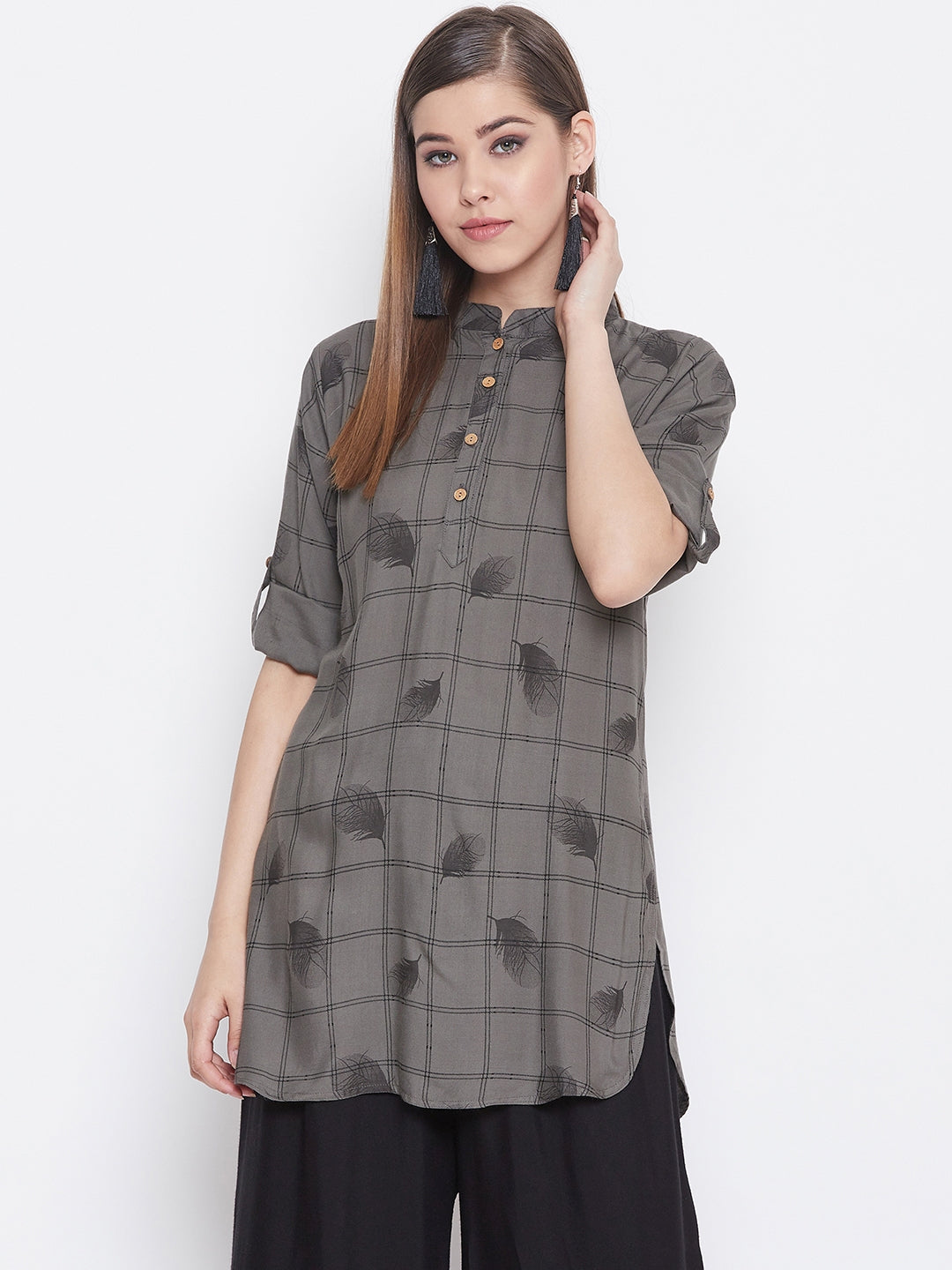 Empressgrey with Feather Print Short Kurta