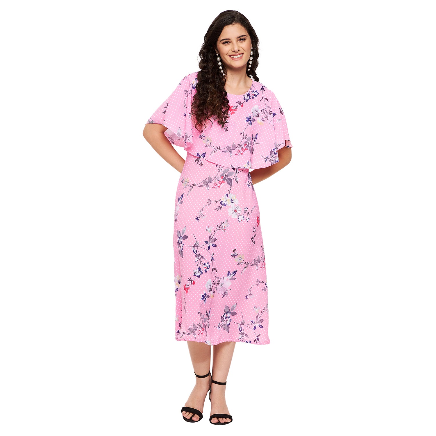 Floral Polka Cape Midi Dress Pastel Pink