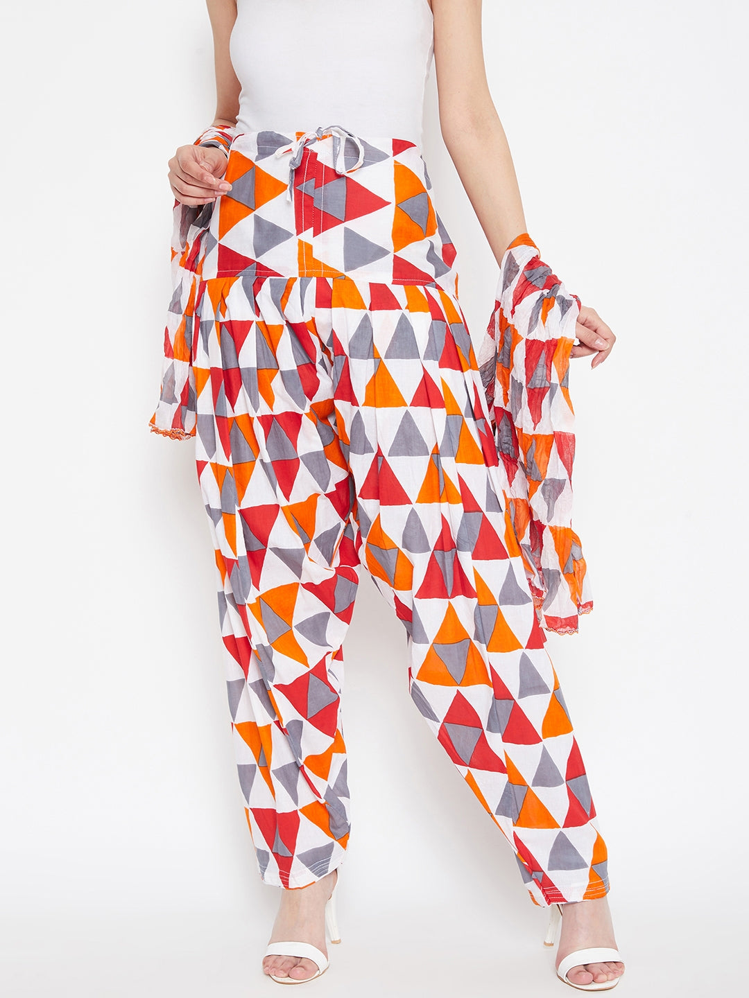 Multicolour Geometric Pattern Printed Cotton Patiala with Dupatta