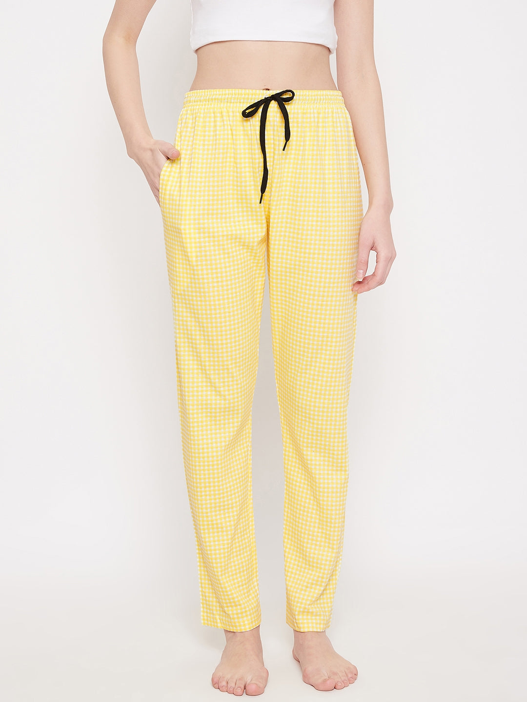 Women's Yellow Checks Printed Pajama