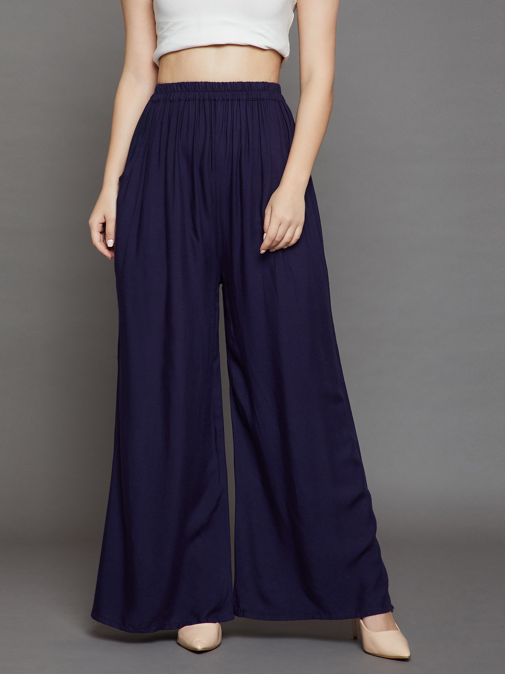 Navy Blue Plain Rayon Palazzo