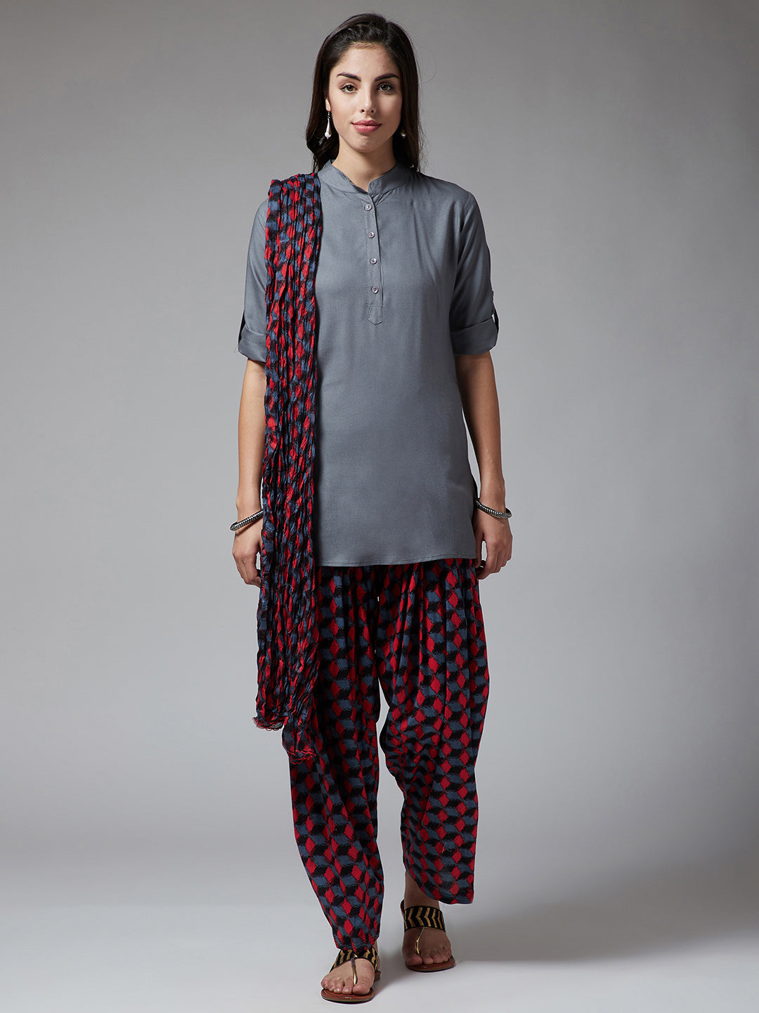 Geometric Print Patiala with Grey Kurti Set
