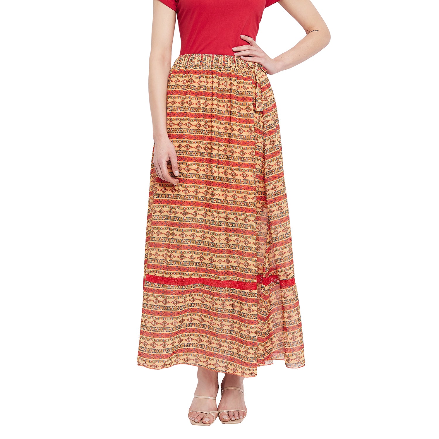 Abstract Print Red Net Lace Skirt