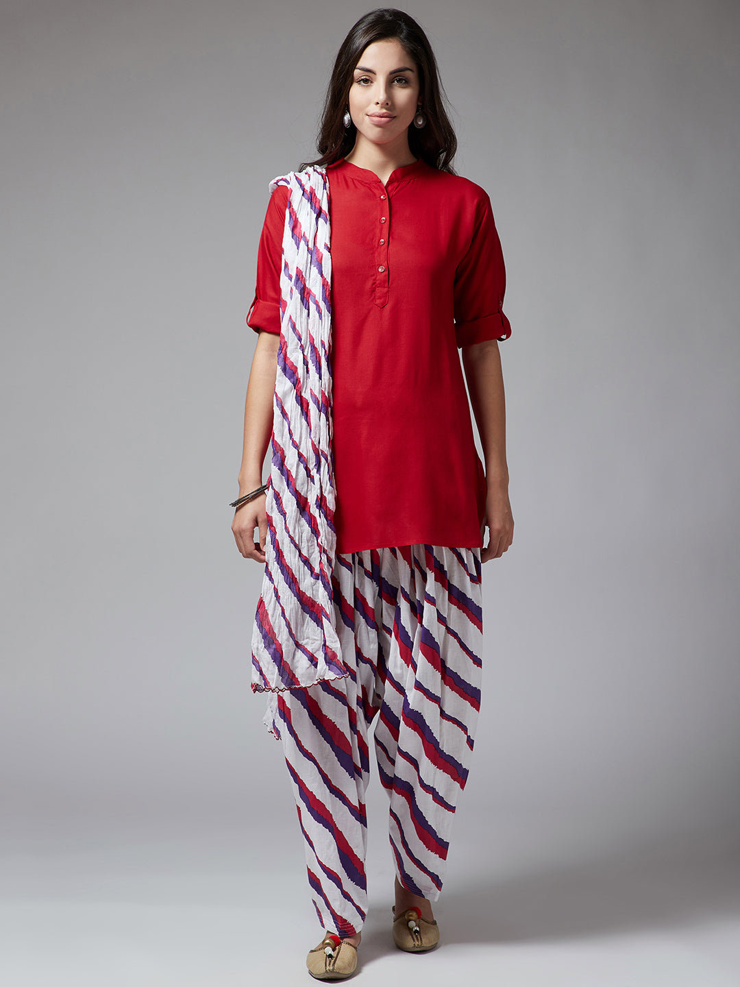 Regimental Stripes Patiala with Red Kurti Set