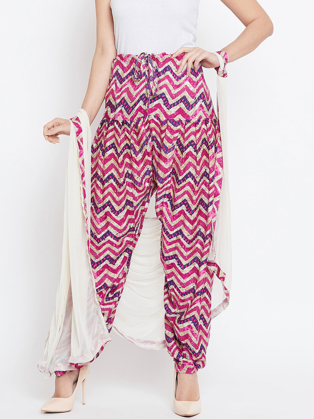 Pink and Navy Blue Chevron Printed Rayon Patiala with Dupatta