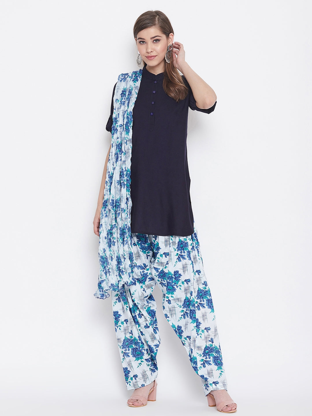 Blue Floral Printed Cotton Patiala with Dupatta