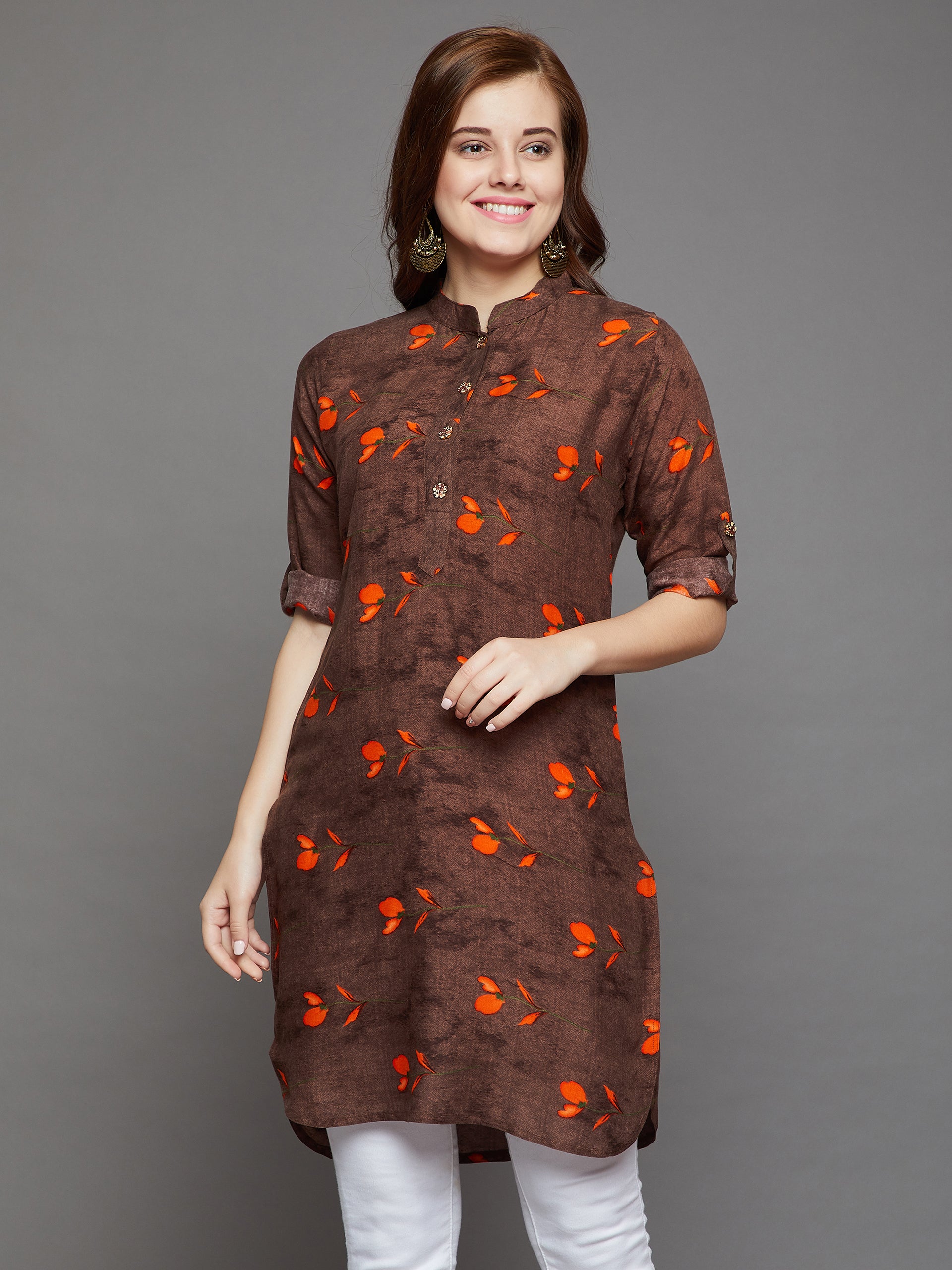 Orange Tulips Printed Kurti